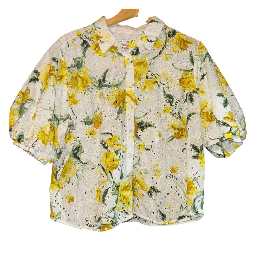 Chicos Lace Eyelet Boxy Button Up Top Women's 16 Floral Summer Puff Sleeves